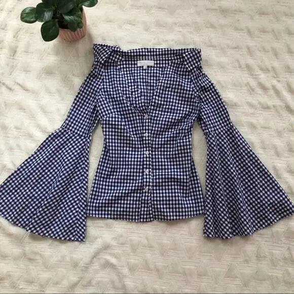 Caroline Constas Persephone Bell Sleeve Gingham Blouse - Picture 2 of 5
